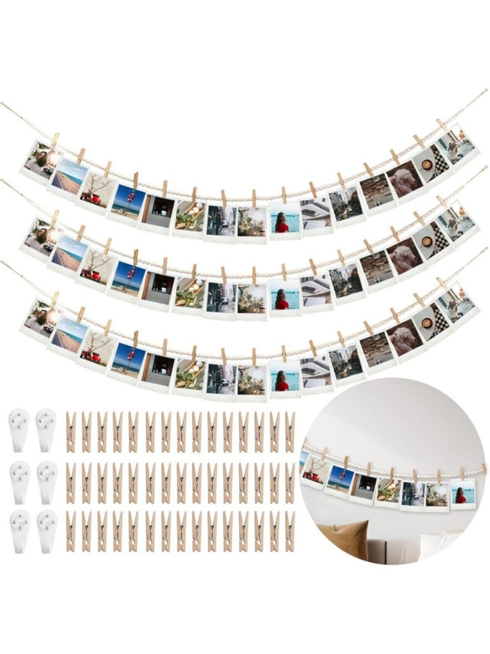Boho Hanging Photo Display Wall Decor - 67" String with 45 Wood Clips, Art Decor